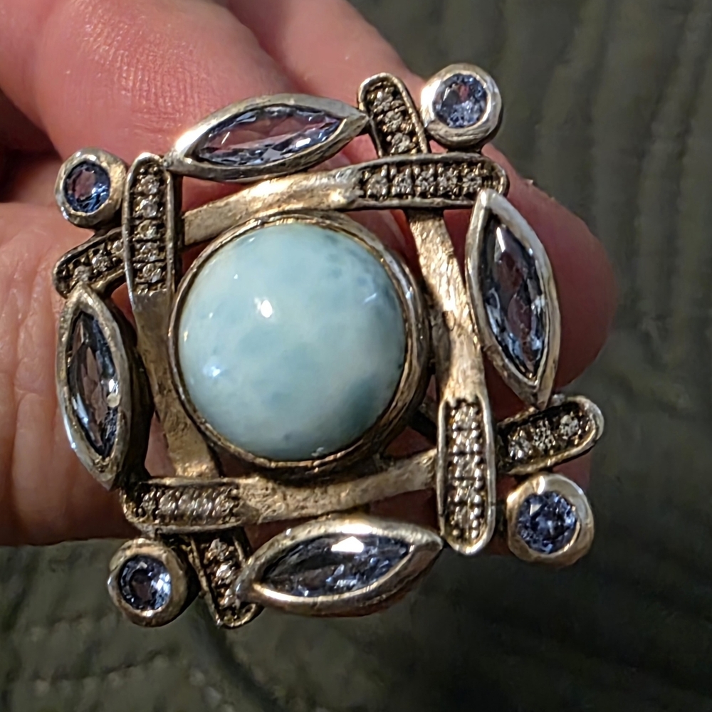 Marahlago Sterling Silver Larimar And Blue Topaz Statement Ring - Picture 6 of 7